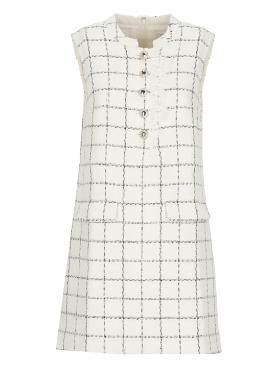 Self-Portrait Ivory Check Boucle Mini Dress With Lace Trim And Sequined Detail