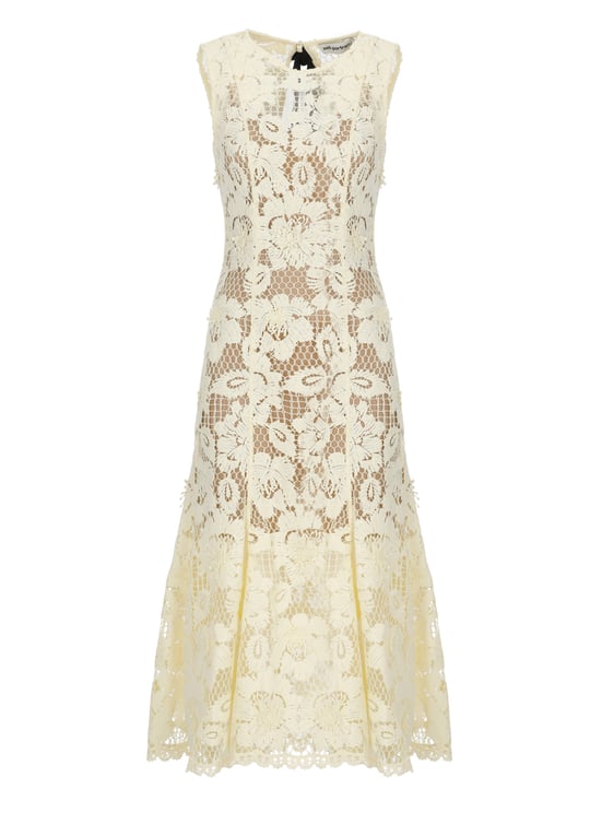 Self-Portrait Crochet Lace Midi Dress With Floral Relief And Flared Hem