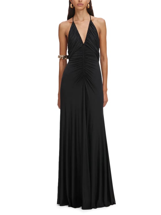 Self-Portrait Gathered Black Jersey Maxi Dress with Deep V-Neckline