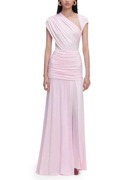 Self-Portrait Draped Jersey Maxi Dress with Elegant Asymmetrical Neckline