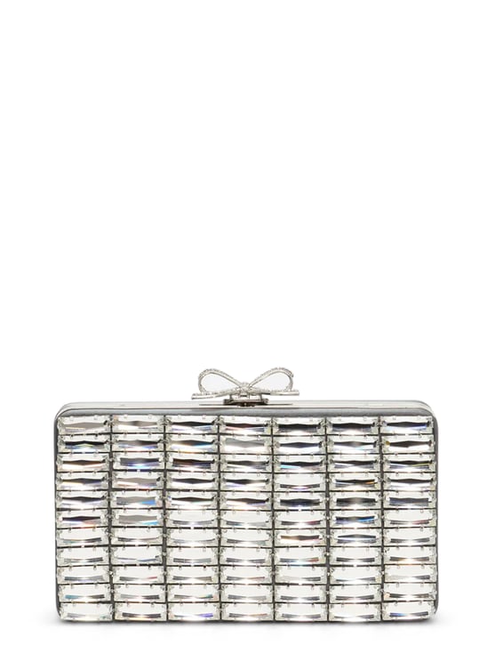 Self-Portrait Rectangular Grey Satin Crystal Clutch Bag