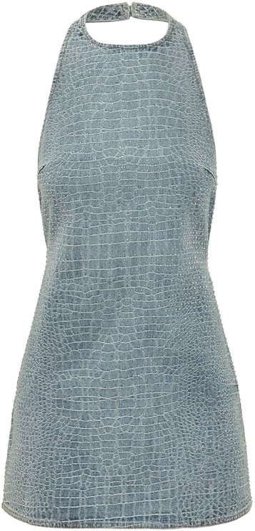 Self-Portrait Mini Abito in Denim Effetto Croco