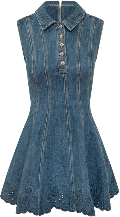 Self-Portrait Mini Abito in Denim con Ricamo Sangallo