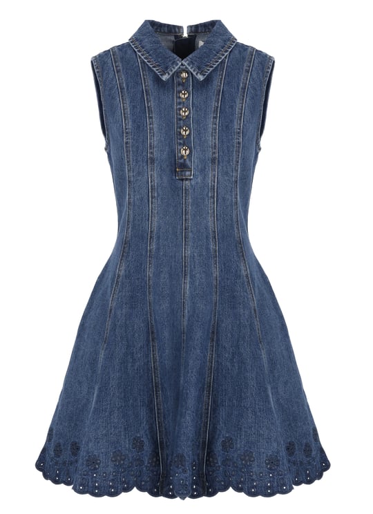 Self-Portrait Denim Mini Dress With Lace Embroidery And Classic Collar
