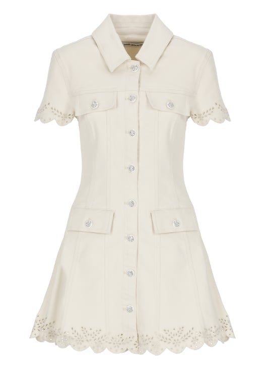 Self-Portrait Ivory Denim Mini Dress With Structured Collar And Lace Trims