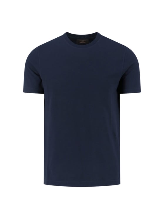 Slowear Crew Neck Navy Blue Cotton T-Shirt with Ribbed Finishings