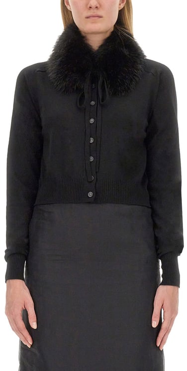 Sportmax Cropped Black Cardigan With Plush Fur Collar