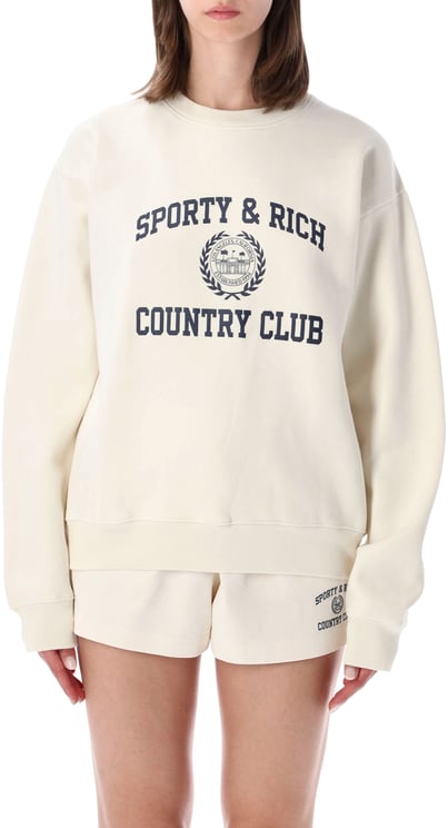 Sporty & Rich Country Club Varsity Crewneck Ecru Navy