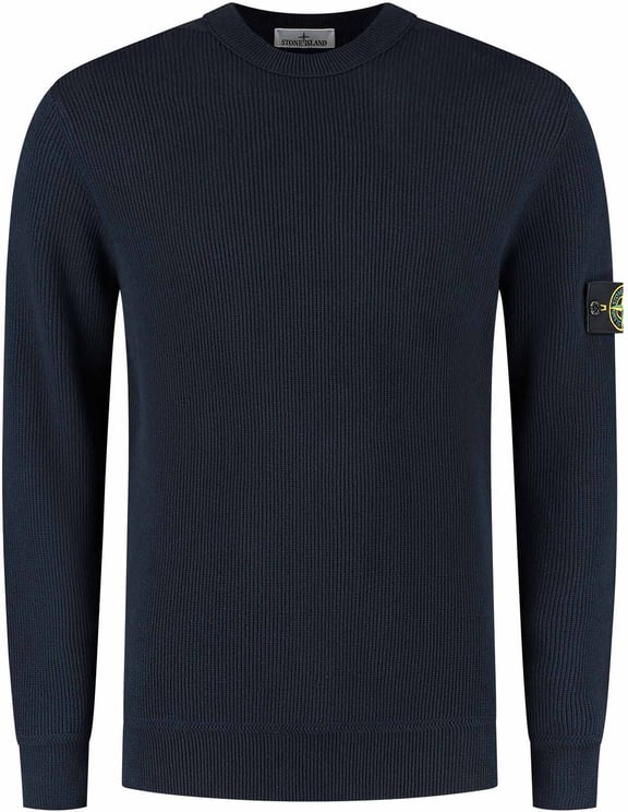 Stone Island Geribbelde, zachte biologische katoenen trui met ronde hals in marineblauw.