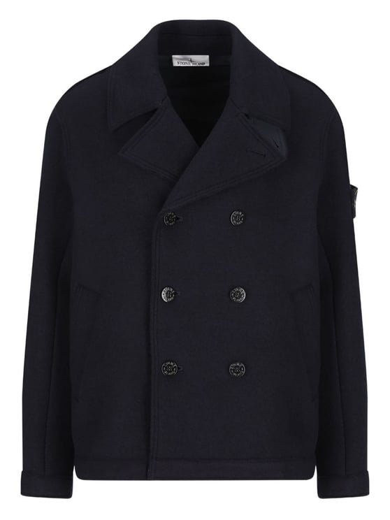 Stone Island Black Double-Breasted Virgin Wool Peacoat