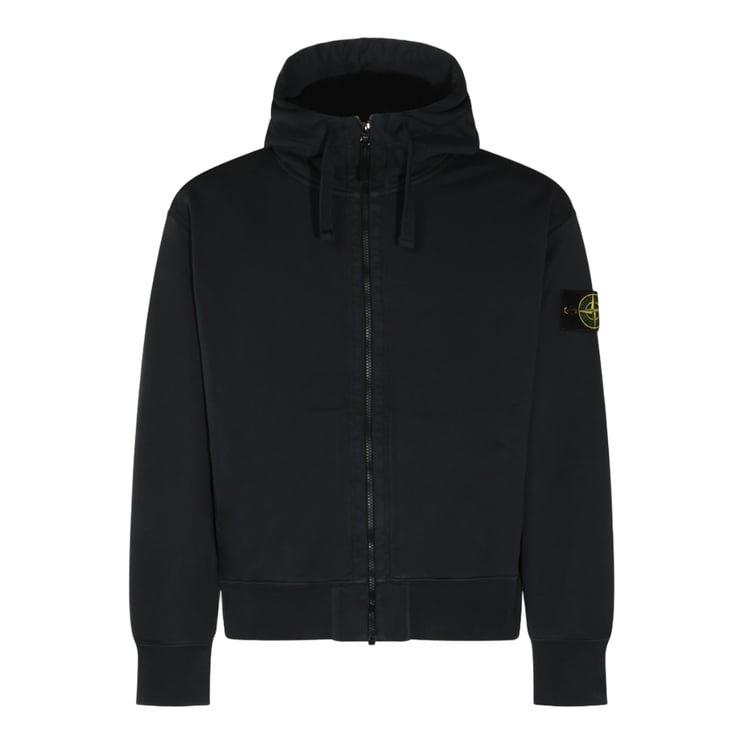 Stone Island Black Zip-Up Hoodie With High Collar And Distinctive Patch Logo