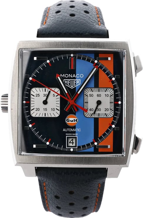 Tag Heuer TAG Heuer Monaco Gulf Special Edition CAW211R.FC6401 WMY9310 SS x Leather AT Watch with Blue Dial