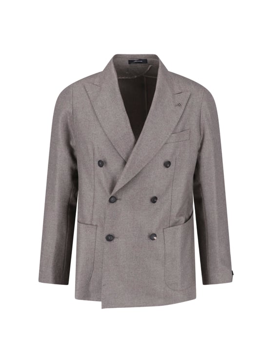 Tagliatore Taupe Virgin Wool Double-Breasted Blazer with Peak Lapel