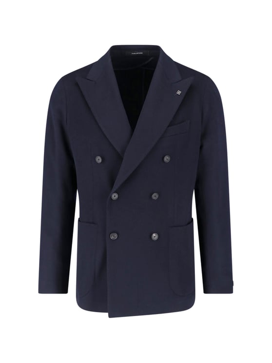 Tagliatore Navy Blue Double-Breasted Cashmere Blazer with Peak Lapel