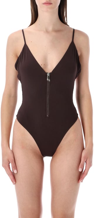 The Attico Front Zip Swimsuit Dark Brown