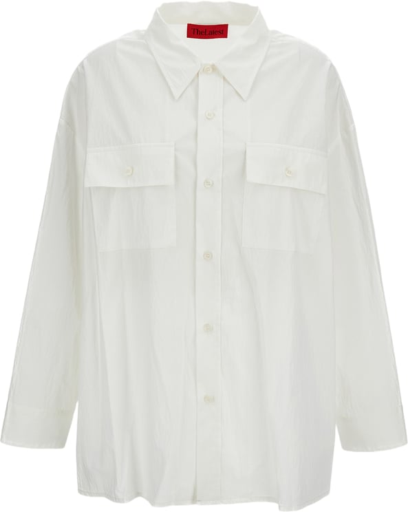 The Latest Crinkled White Cotton Blend Oversized Shirt with Flap Pockets