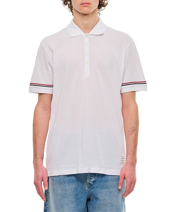 Thom Browne Ribbed Cuff Short Sleeve Polo Shirt with Button Closure