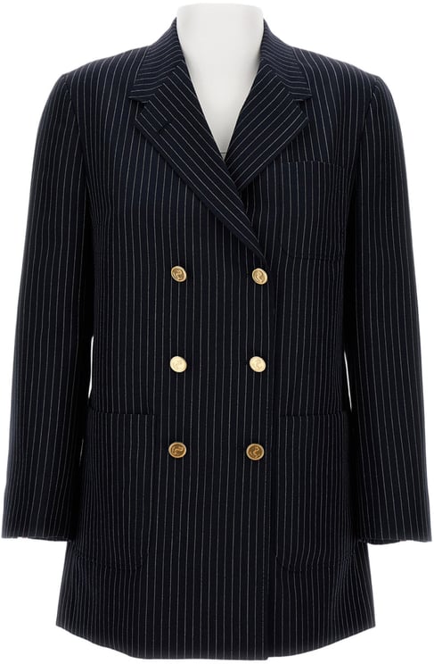 Thom Browne Navy Pinstripe Double-Breasted Jacket With Gold-Tone Buttons