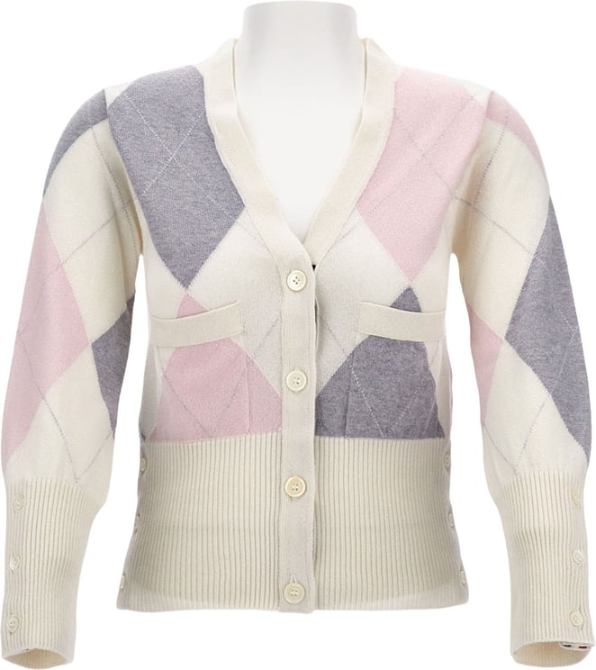 Thom Browne Geometric Print V-Neck Cardigan With Classic Button Closure