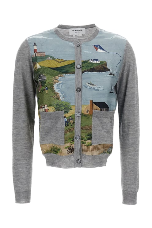 Thom Browne Cropped Cashmere-Silk Cardigan with Scenic Print and Buttoned Cuffs