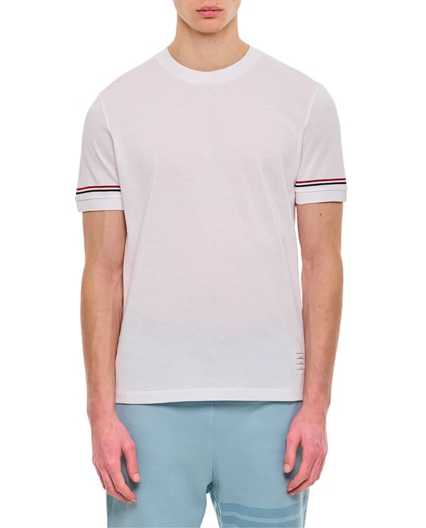 Thom Browne Short-Sleeve Ribbed Cuff T-Shirt with Striped Accent
