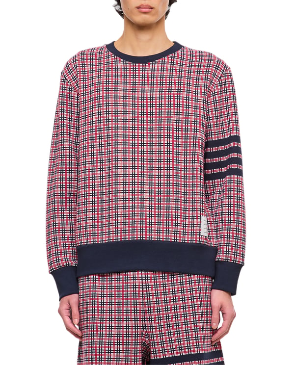 Thom Browne 4-Bar Cotton Crewneck Sweatshirt with Checkered Pattern