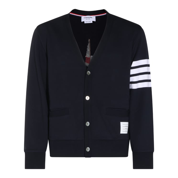 Thom Browne V-Neck Cotton Knit Sweater with Embroidered Sailboat