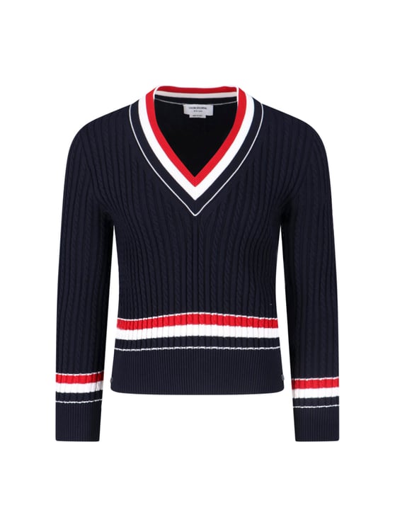 Thom Browne Navy Ribbed Cotton V-Neck Sweater