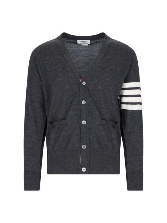 Thom Browne Iconic V-Neck Cardigan In Grey Wool With Signature Stripes