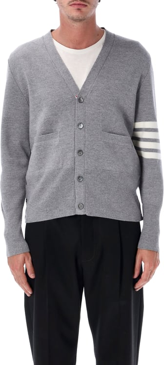 Thom Browne Milano Stitch V Neck Cardigan W/ 4 Bar I Lt Grey