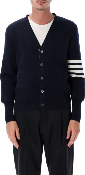 Thom Browne Milano Stitch V Neck Cardigan W/ 4 Bar I Blu