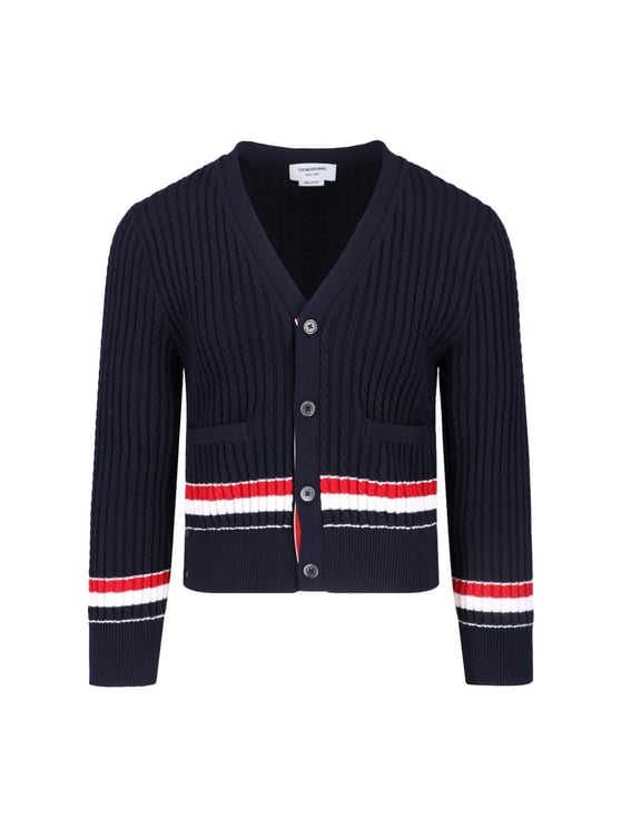 Thom Browne Navy Blue Knitted Cotton V-Neck Cardigan