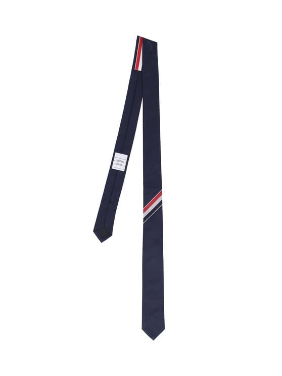 Thom Browne Navy Silk Tie with Tricolor Stripe Detail