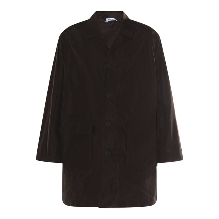 Thom Browne Straight-Cut Grey Coat with Bold Embroidered Logo