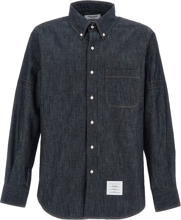 Thom Browne Dark Blue Denim Shirt with Multicolor Tab Detail