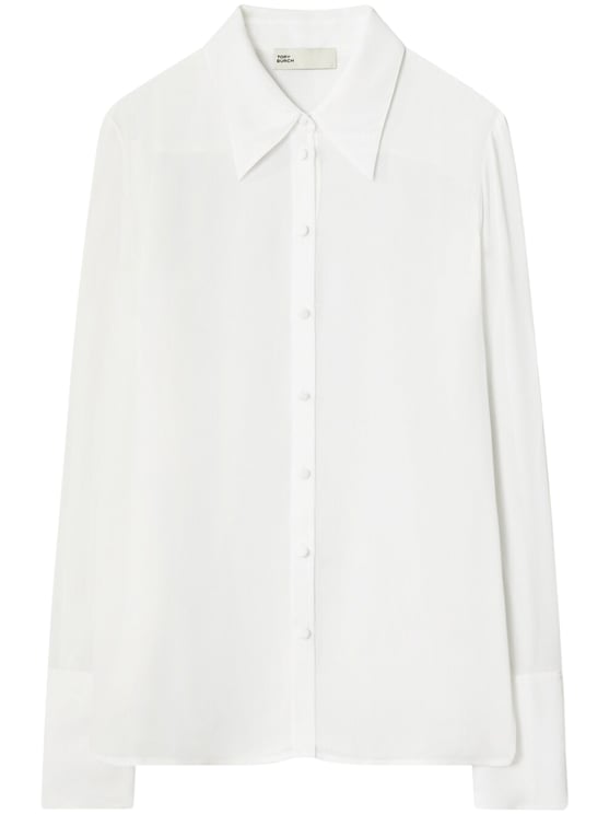 Tory Burch Relaxed Fit Cuffed Viscose Shirt with Pointed Collar