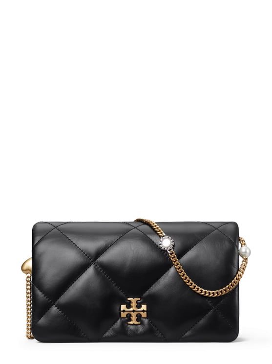 Tory Burch Quilted Black Leather Chain Wallet with Charm Accents