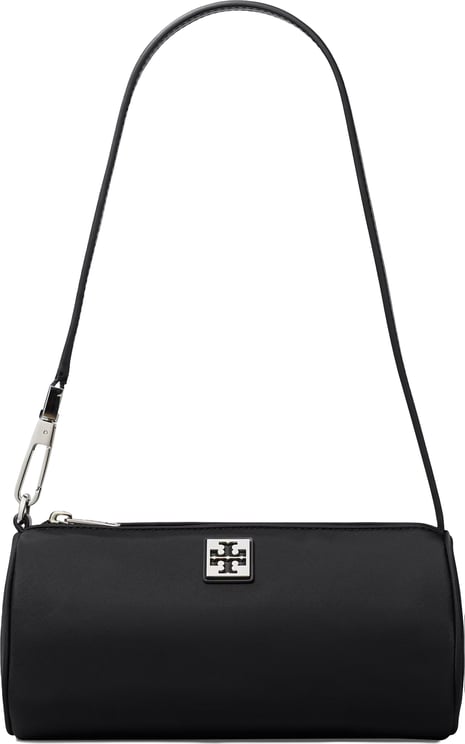 Tory Burch Structured Black Cylinder Bag with Metallic Logo Plaque