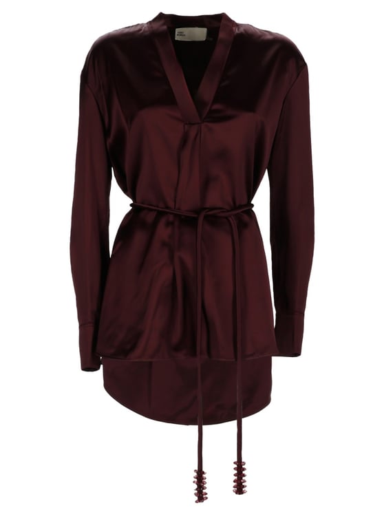 Tory Burch Deep V-Neck Satin Burgundy Belted Top