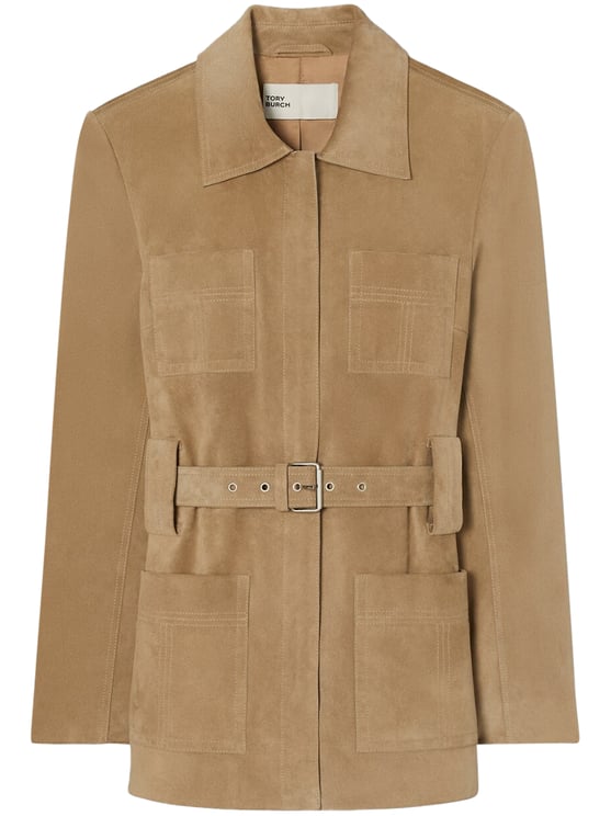 Tory Burch Structured Brown Suede Jacket with Front Belt