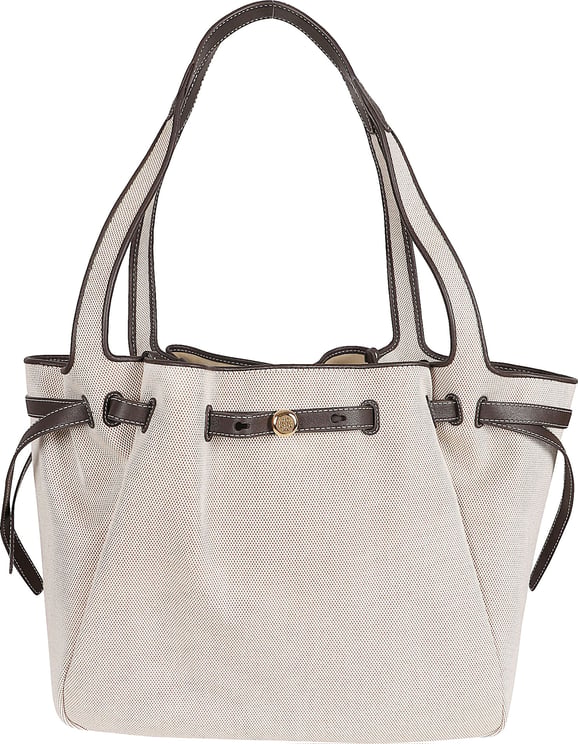 Tory Burch Textured Cotton Tote Bag with Leather Trim and Adjustable Width
