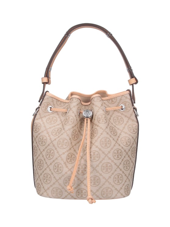 Tory Burch Medium Bucket Bag with Beige Monogram Pattern