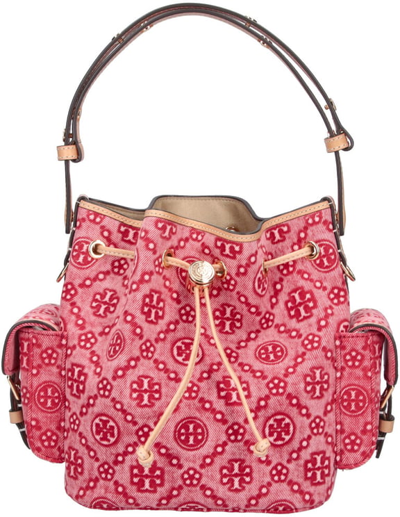 Tory Burch Red T Monogram Denim Bucket Bag