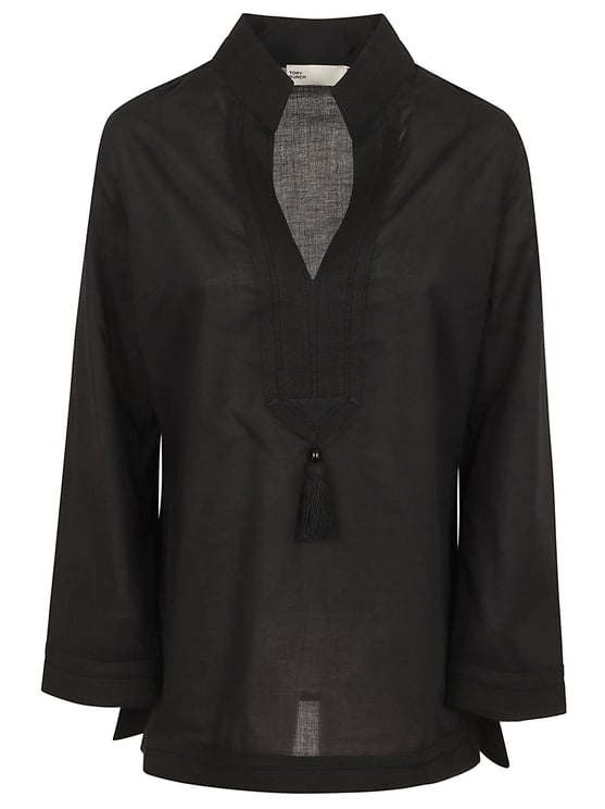 Tory Burch Relaxed Fit Cotton Voile Tunic with Herringbone Twill Accents