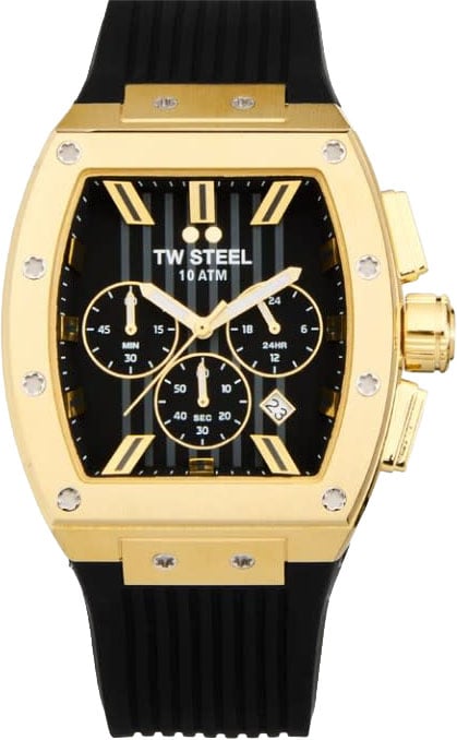 TW Steel TW Steel Horloge T02 Staal Rechthoekige Kast met Geelgouden Plating Quartz Chronograaf en met Rubberen Band met Vouwsluiting