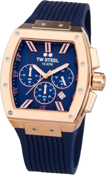 TW Steel TW Steel Horloge T03 Tonneau Staal met Rosegouden Plating Quartz Swiss Made Chronograaf met Blauwe Rubbere Horlogeband 42mm