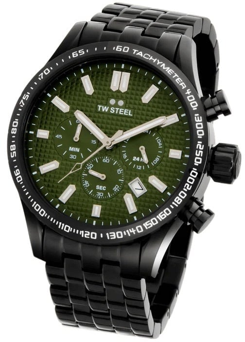 TW Steel TW Steel Horloge VB3 Volante Staal met Zwarte Coating Quartz Swiss Made Chronograaf met Groene Wijzerplaat 45mm