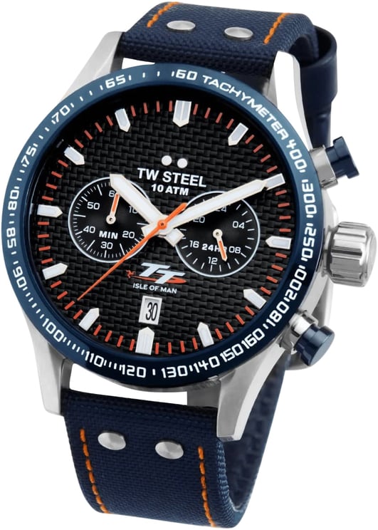TW Steel TW Steel Horloge VS128 Isle of Man TT Staal Quartz Swiss Made met Canvas Horlogeband 45mm