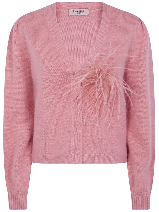 Twin-set Cropped Cardigan with Fuzzy Knit and Feather Detail