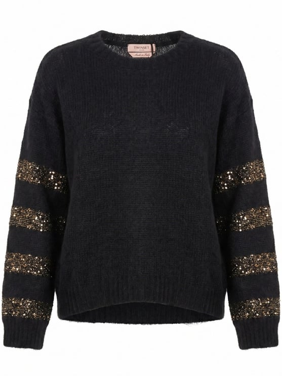 Twin-set Relaxed Fit Black Knit Sweater with Sequined Sleeves
